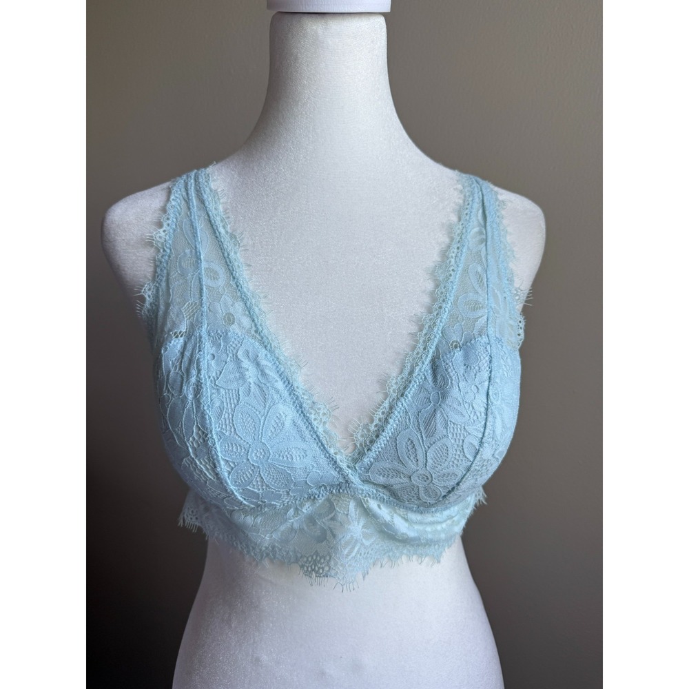 Aerie Blue Womens M Floral Lace Padded Boho Longline Wireless Crossback Bralette